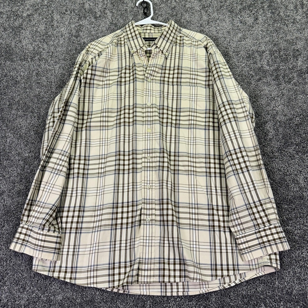 Hathaway Shirt Mens XL Beige Plaid Long Sleeve Button Up 100% Cotton Casual